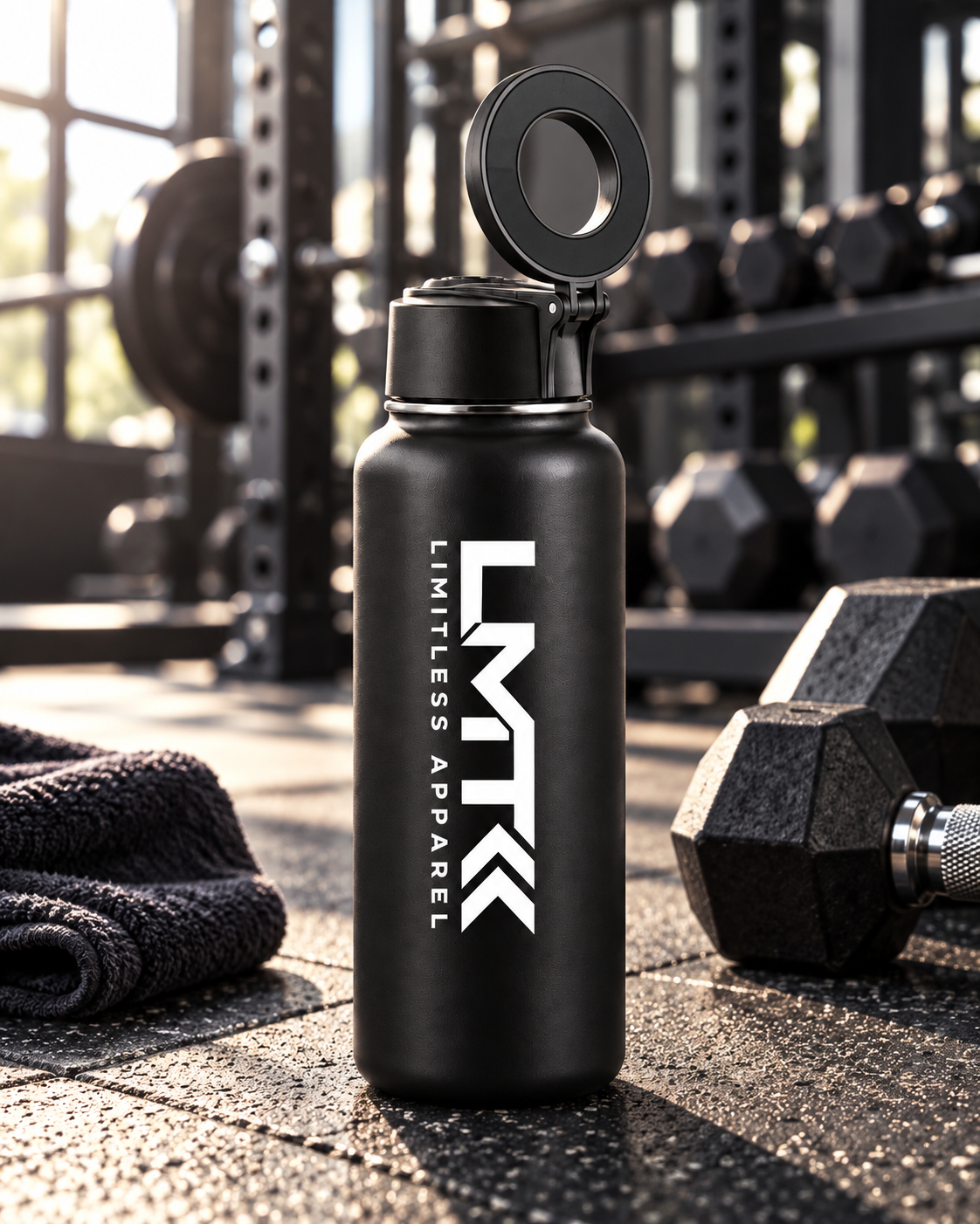 LMT black bottle with MagSafe ring beside a dumbbell