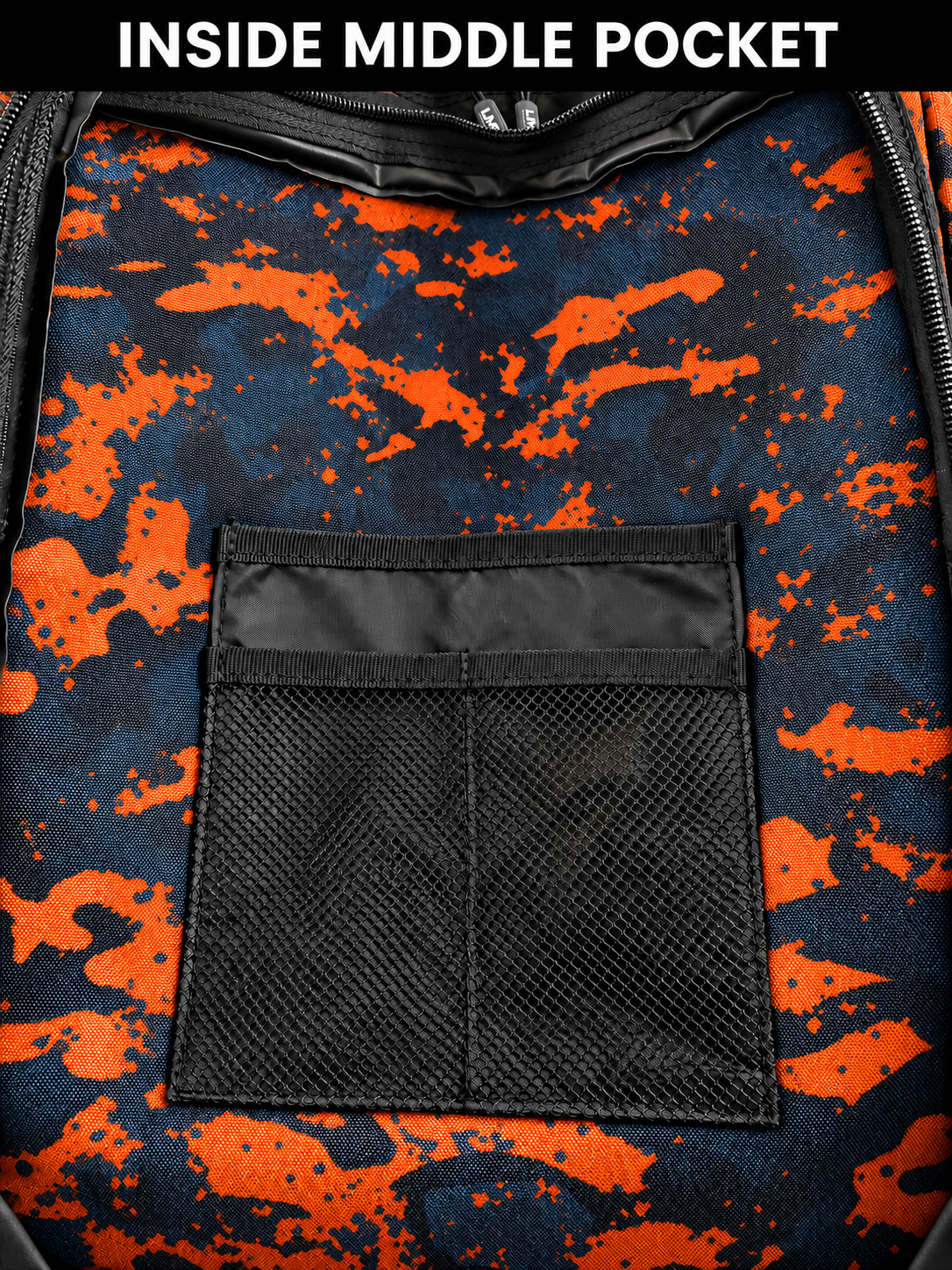 Inside middle pocket of blue orange tie dye backpack