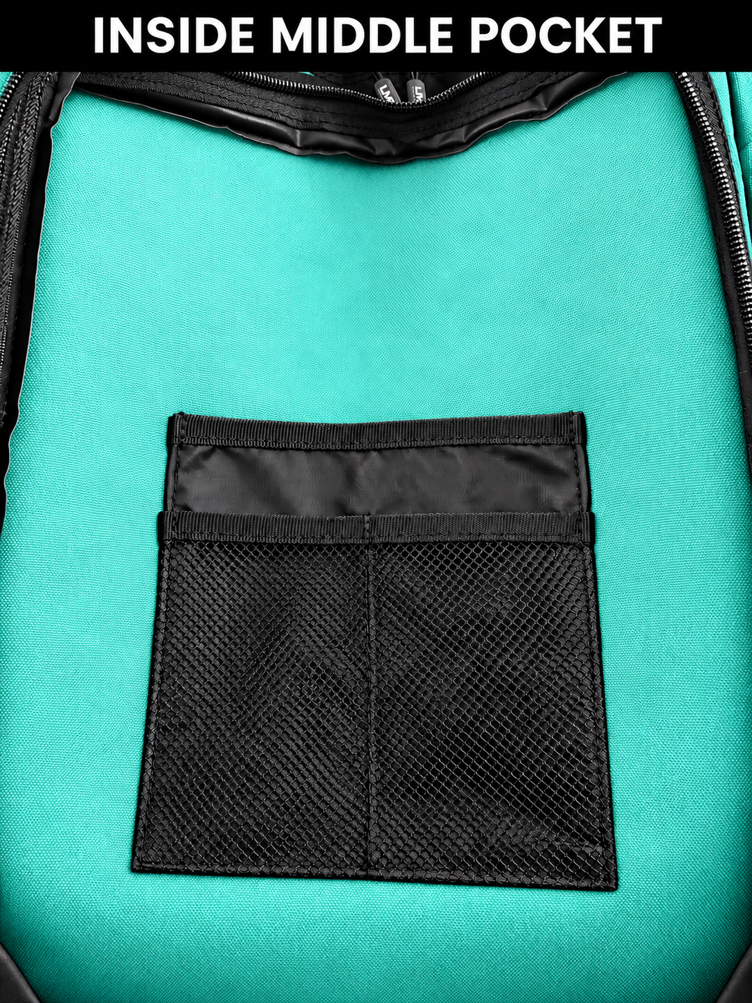 Inside middle pocket of mint backpack