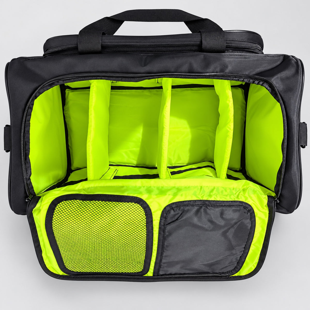 Open bag showing bright interior and divided shoe compartments