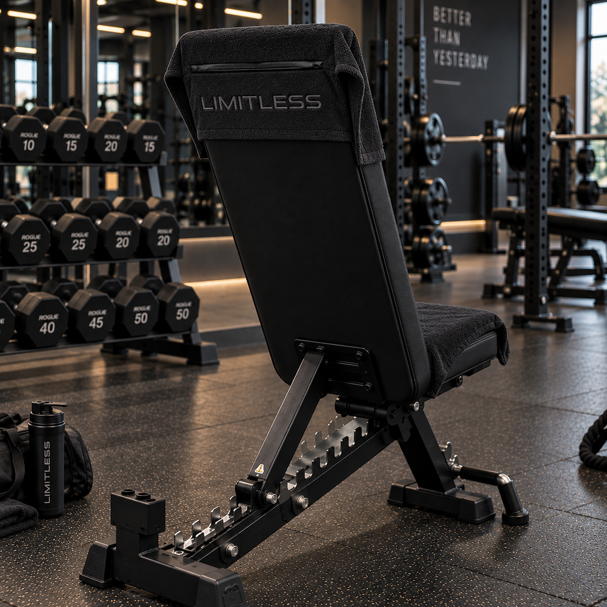 LMT Limitless black gym towel draped over adjustable bench in dark gym setting