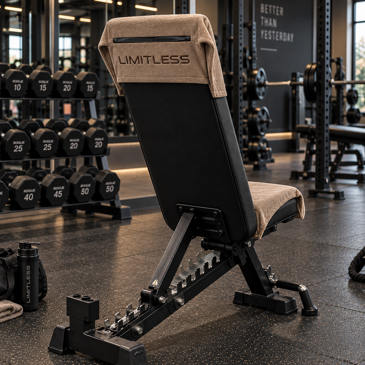 LMT Limitless brown gym towel draped over adjustable bench in dark gym setting