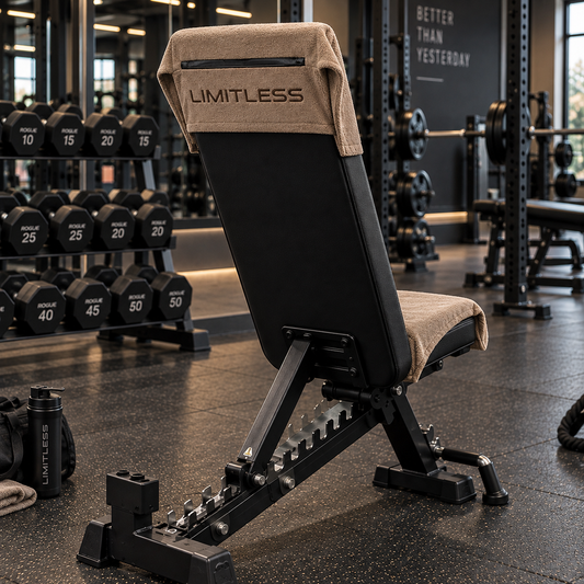 LMT Limitless brown gym towel draped over adjustable bench in dark gym setting