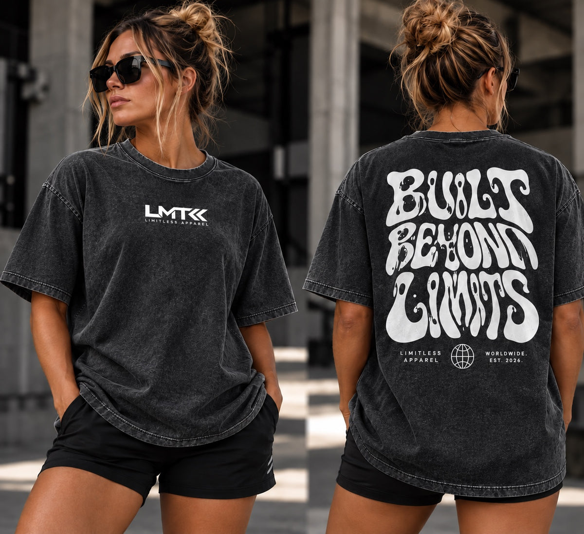 Black LMT oversized washed out bubble tee shown from front and back
