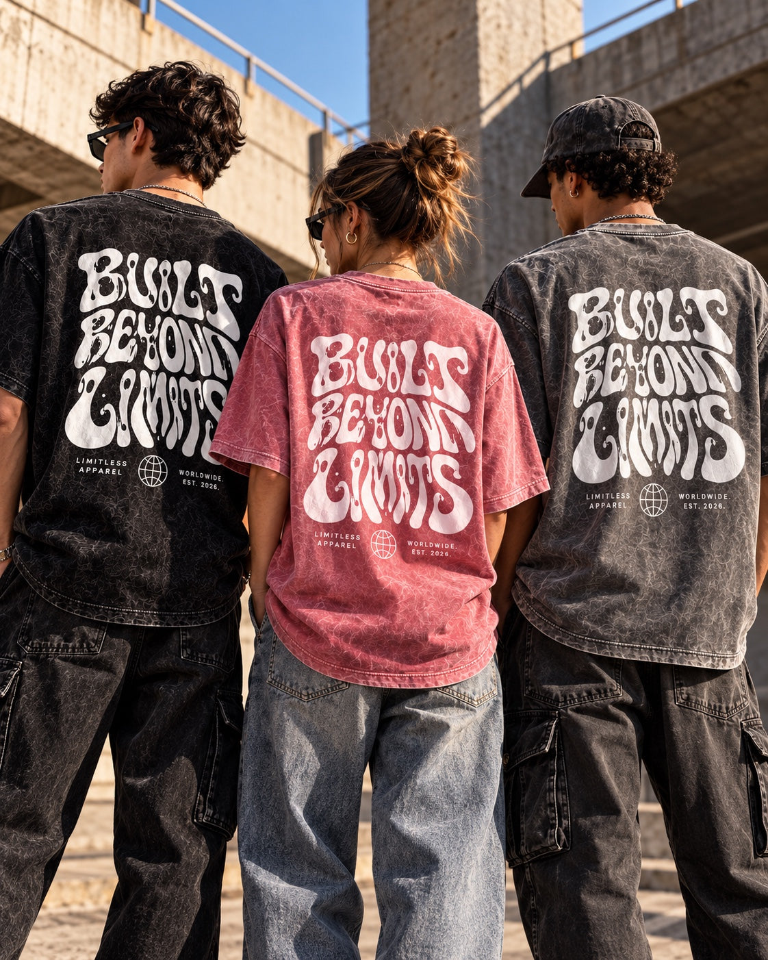 Lifestyle view of models wearing LMT grey and pink oversized bubble tees