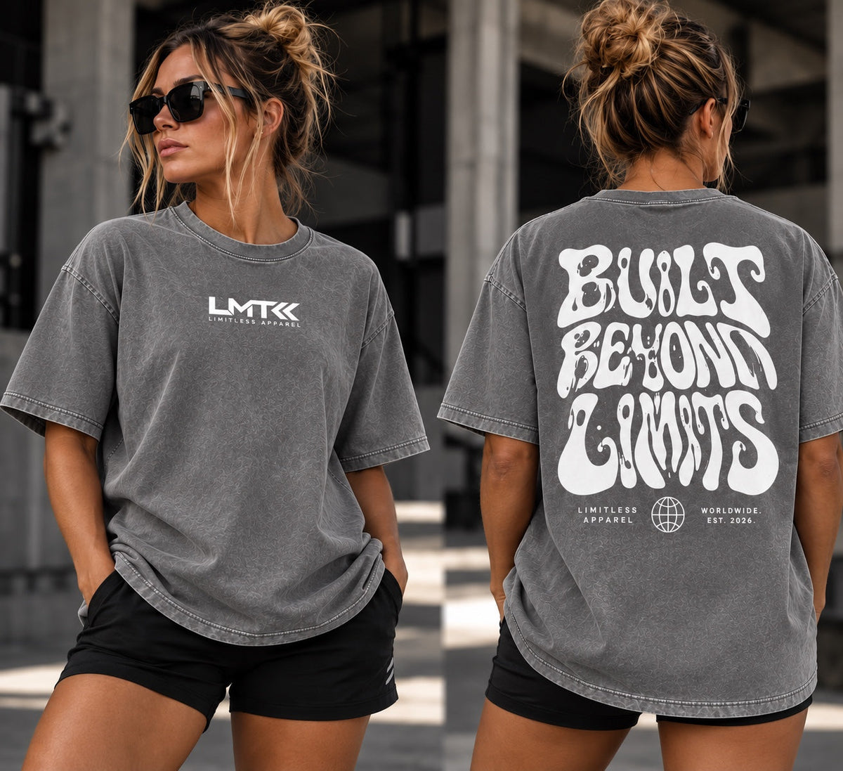 Grey LMT oversized washed out bubble tee shown from front and back