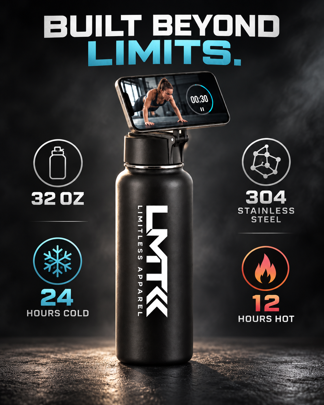 LMT 32 oz bottle specifications and MagSafe phone attachment