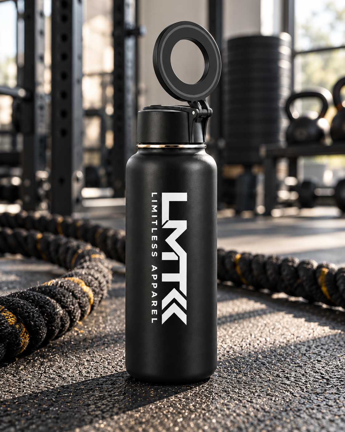 LMT black bottle with MagSafe ring in a gym