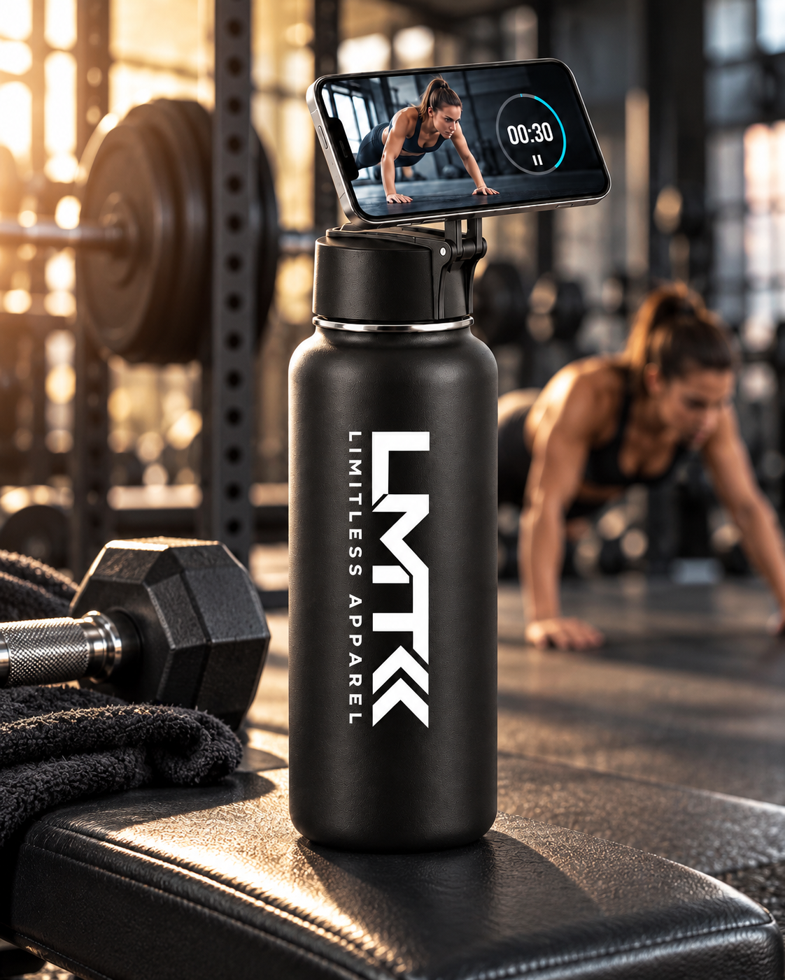 LMT bottle with phone attached on a gym bench