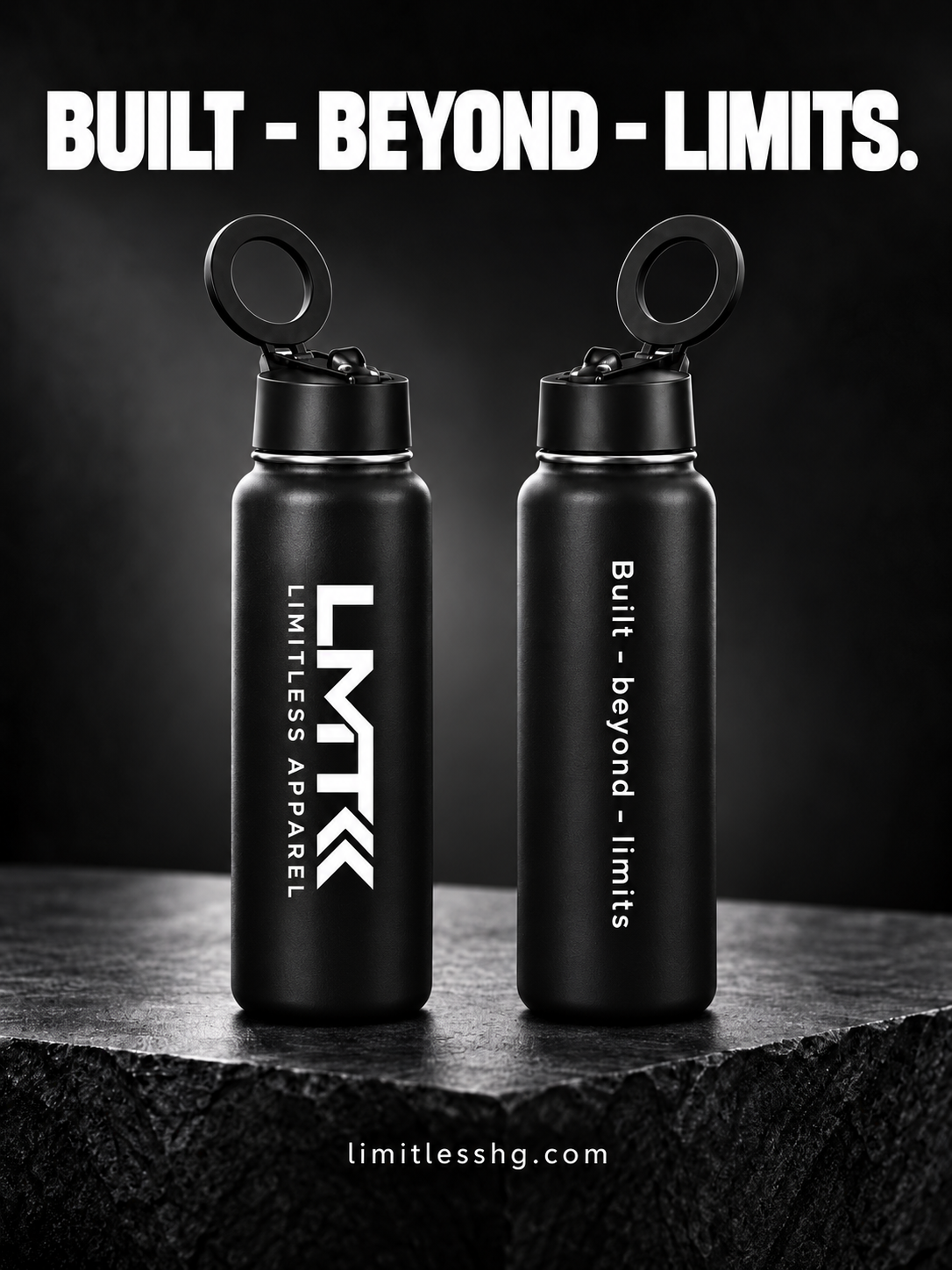 LMT black 32 oz drink bottle showing logo and Built Beyond Limits sides with MagSafe mount