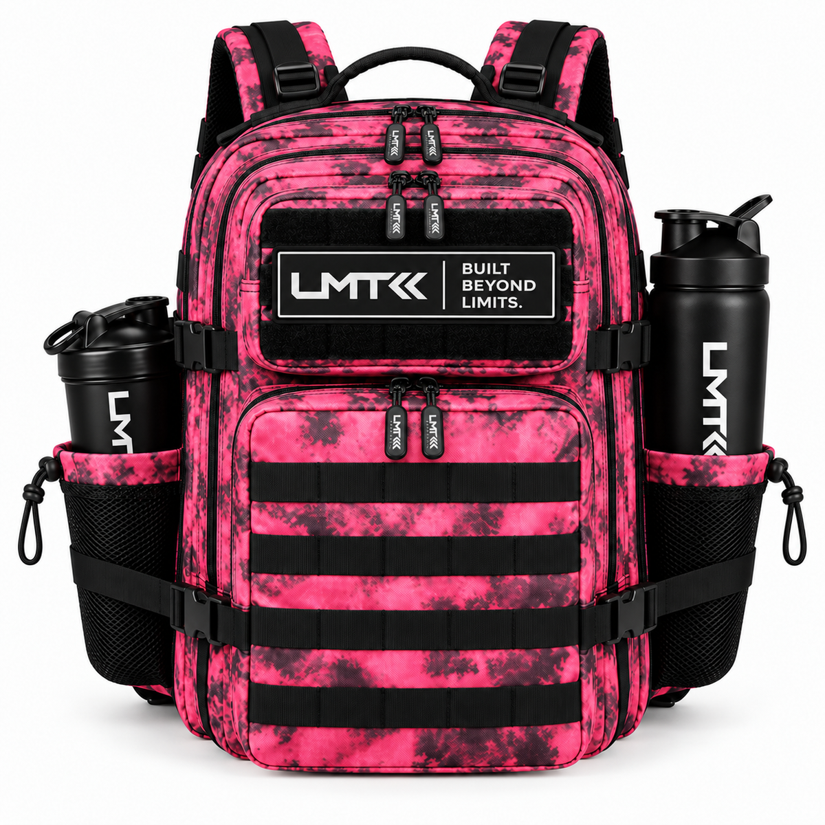 35L BACKPACK - BLACK + PINK TIE DIE front view with LMT shaker and drink bottle