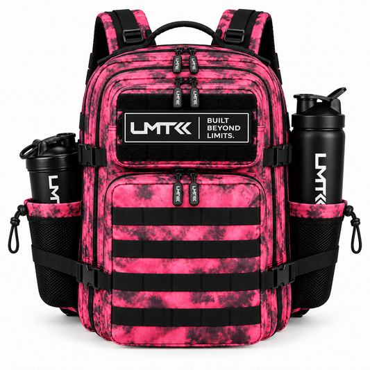 35L BACKPACK - BLACK + PINK TIE DIE front view with LMT shaker and drink bottle