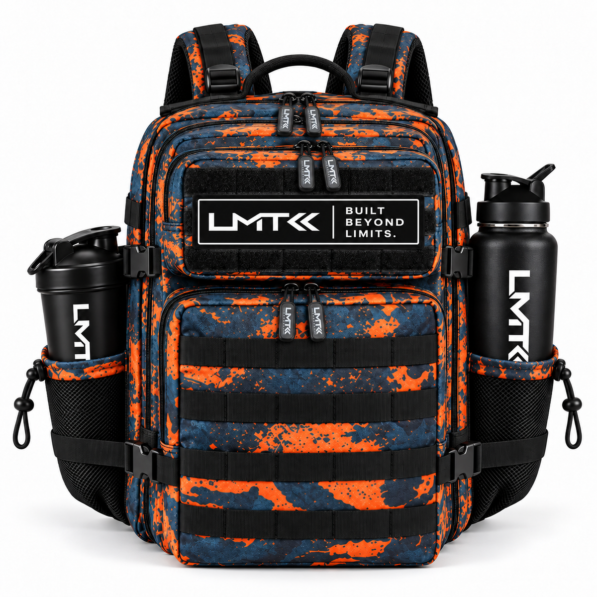 35L BACKPACK - BLUE + ORANGE TIE DIE front view with LMT shaker and drink bottle
