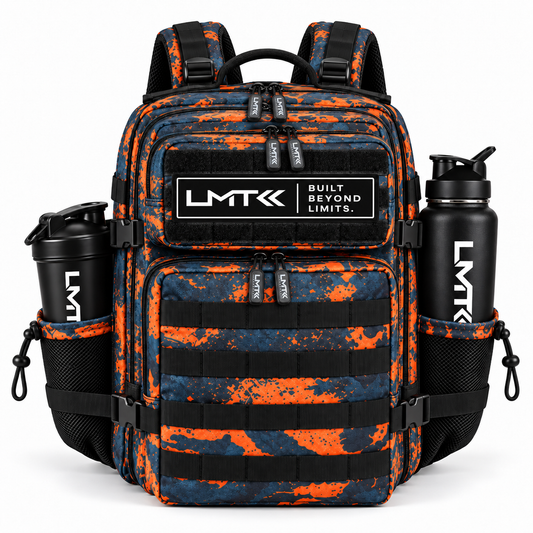 35L BACKPACK - BLUE + ORANGE TIE DIE front view with LMT shaker and drink bottle