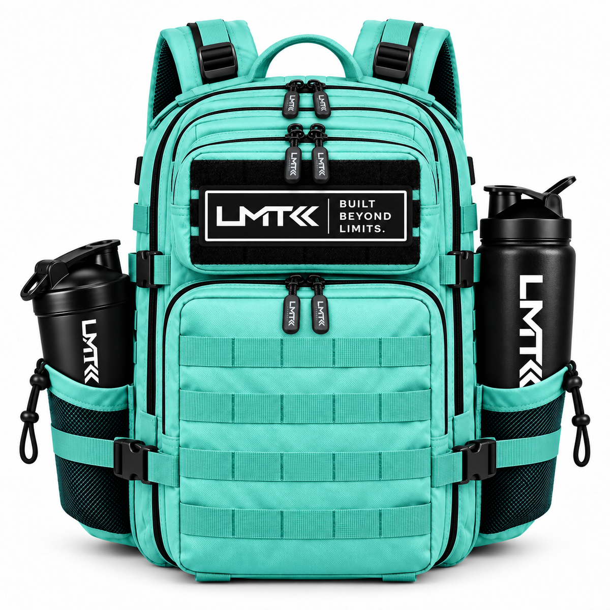 35L BACKPACK - MINT GREEN front view with LMT shaker and drink bottle