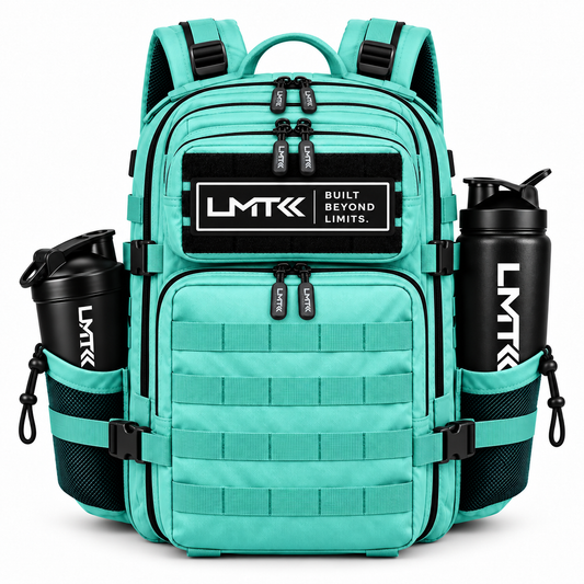 35L BACKPACK - MINT GREEN front view with LMT shaker and drink bottle