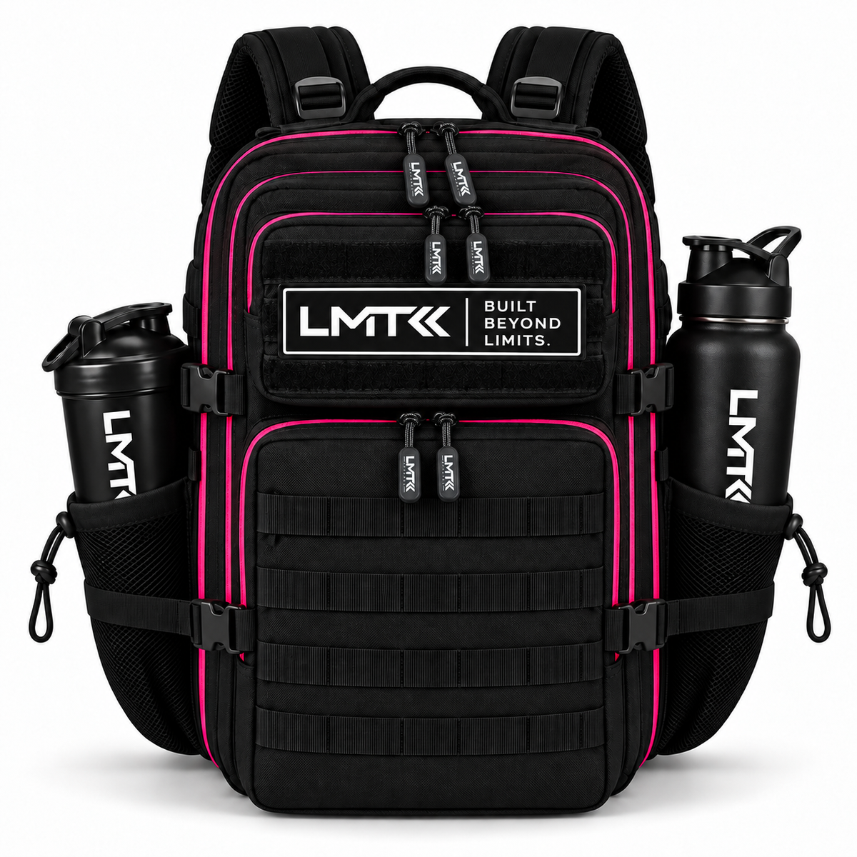 25L BACKPACK - BLACK + ELECTRIC PINK front view with LMT shaker and drink bottle
