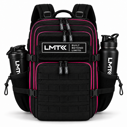 25L BACKPACK - BLACK + ELECTRIC PINK front view with LMT shaker and drink bottle
