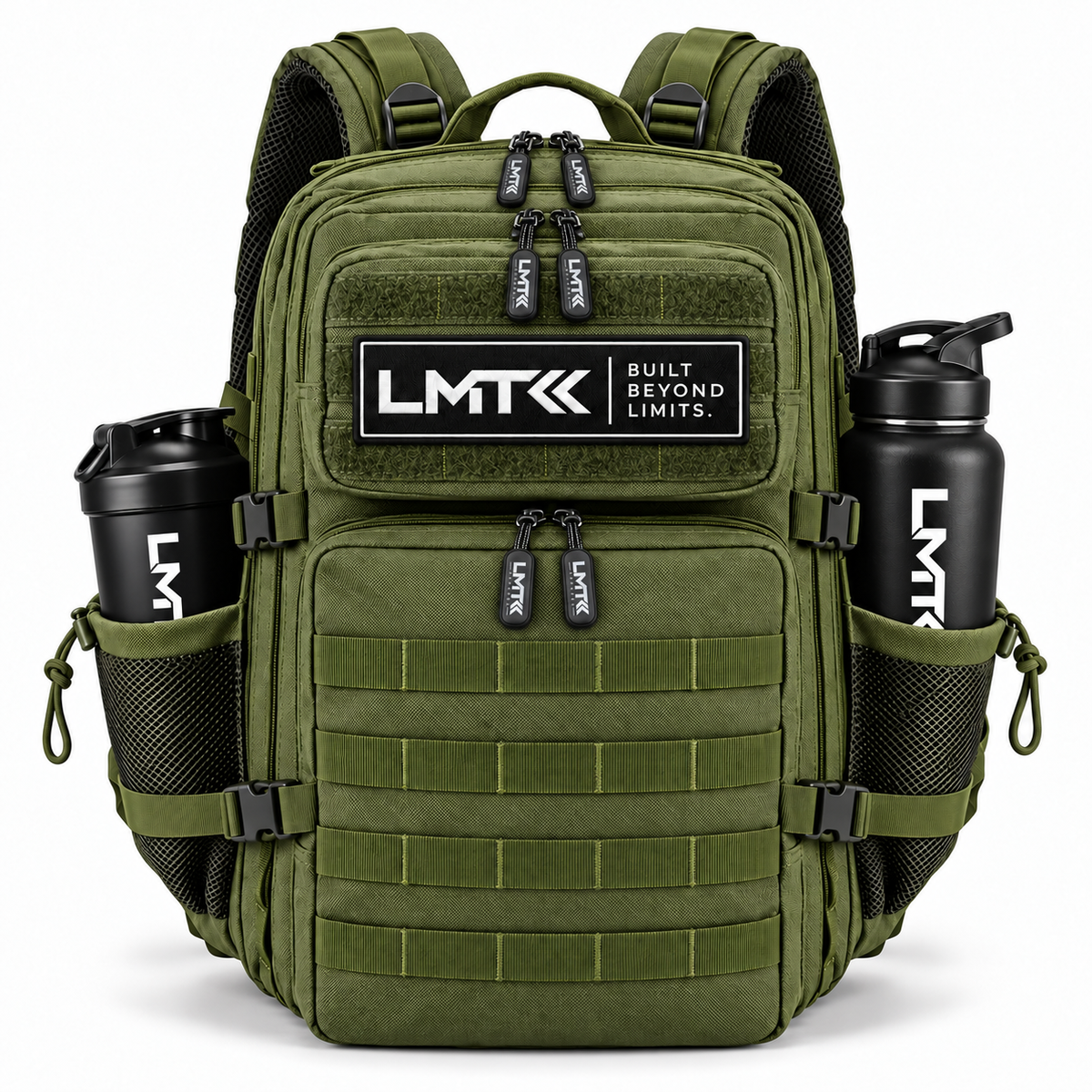 25L BACKPACK - ARMY GREEN front view with LMT shaker and drink bottle