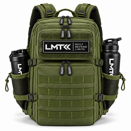 25L BACKPACK - ARMY GREEN front view with LMT shaker and drink bottle