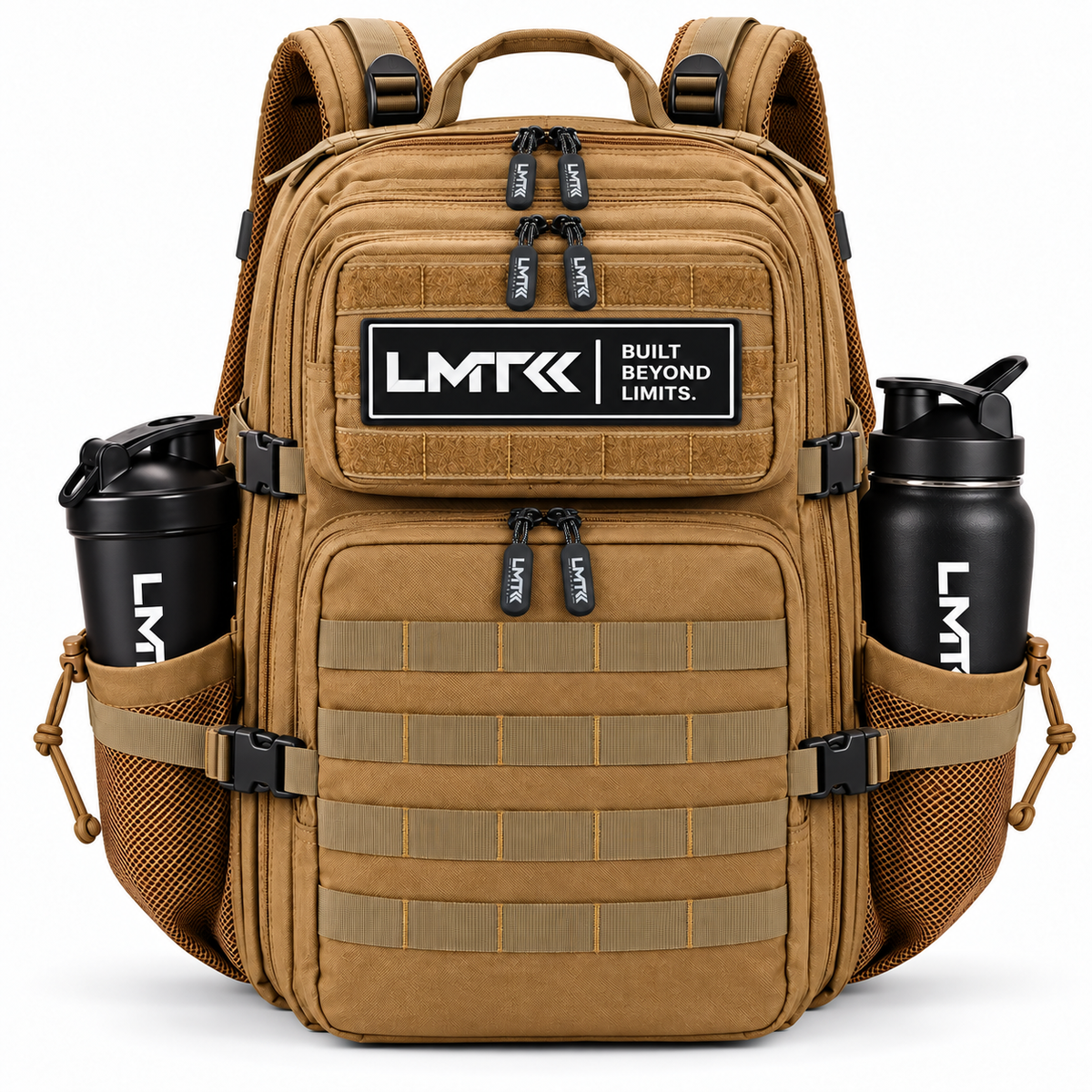 25L BACKPACK - TAN front view with LMT shaker and drink bottle