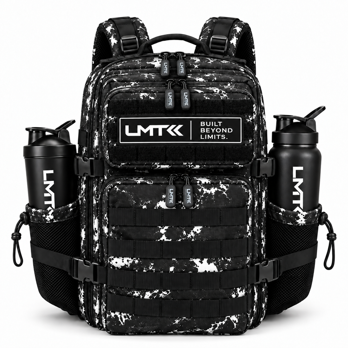 25L BACKPACK - BLACK TIE DIE front view with LMT shaker and drink bottle