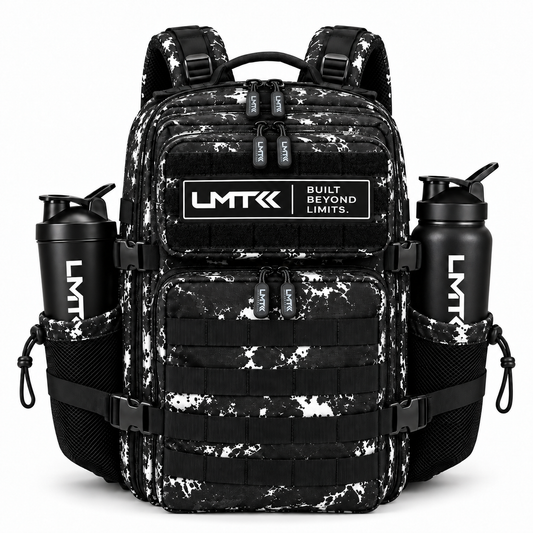 25L BACKPACK - BLACK TIE DIE front view with LMT shaker and drink bottle