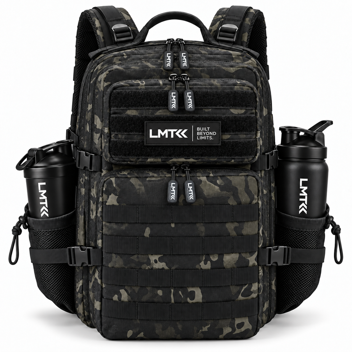 25L BACKPACK - BLACK CAMO front view with LMT shaker and drink bottle