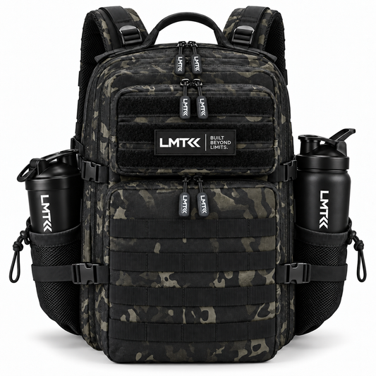 25L BACKPACK - BLACK CAMO front view with LMT shaker and drink bottle