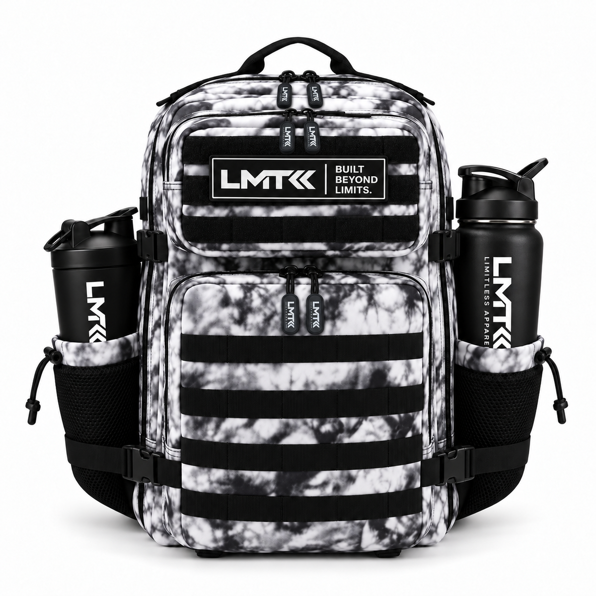 25L BACKPACK - WHITE TIE DIE front view with LMT shaker and drink bottle