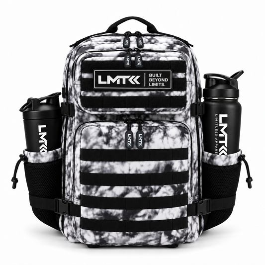 25L BACKPACK - WHITE TIE DIE front view with LMT shaker and drink bottle