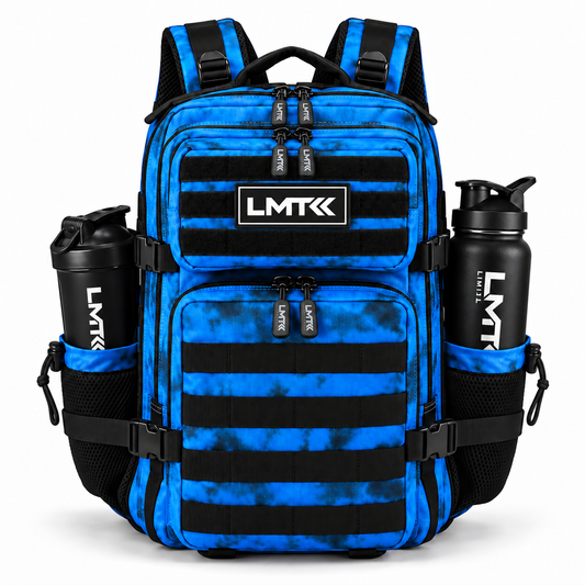 25L BACKPACK - BLUE TIE DIE front view with LMT shaker and drink bottle