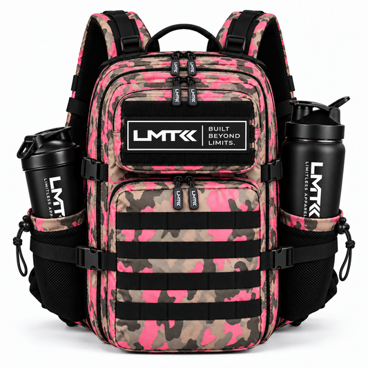 25L BACKPACK - PINK CAMO front view with LMT shaker and drink bottle