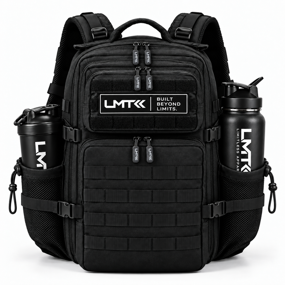 35L BACKPACK - BLACK front view with LMT shaker and drink bottle