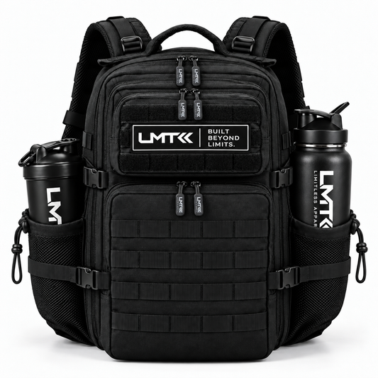 35L BACKPACK - BLACK front view with LMT shaker and drink bottle