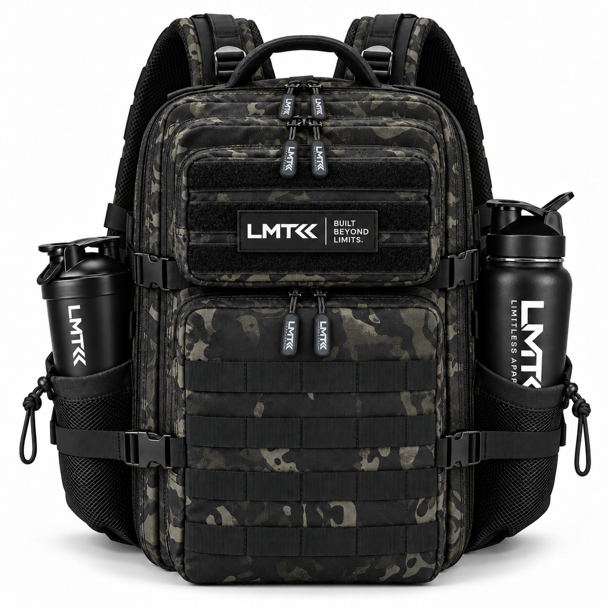 45L BACKPACK - BLACK CAMO front view with LMT shaker and drink bottle