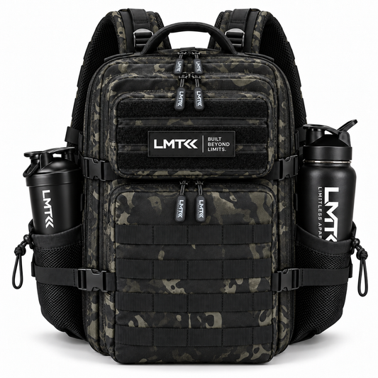 45L BACKPACK - BLACK CAMO front view with LMT shaker and drink bottle