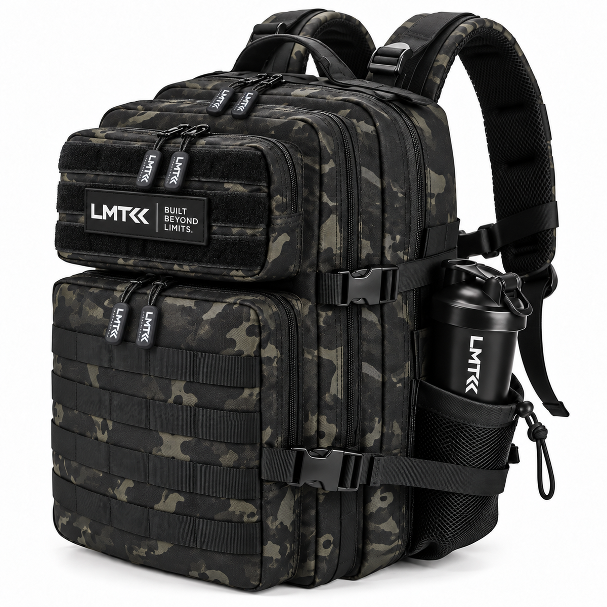 LMT 45L black camo tactical backpack detail