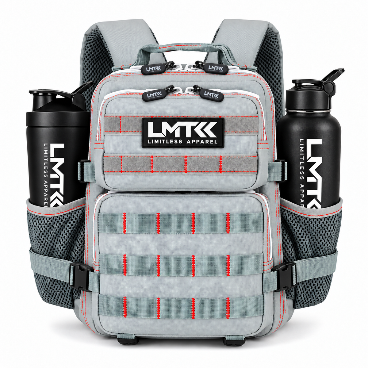 9L BACKPACK - GREY front view with LMT shaker and drink bottle