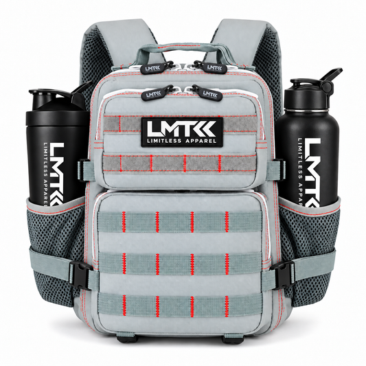 9L BACKPACK - GREY front view with LMT shaker and drink bottle