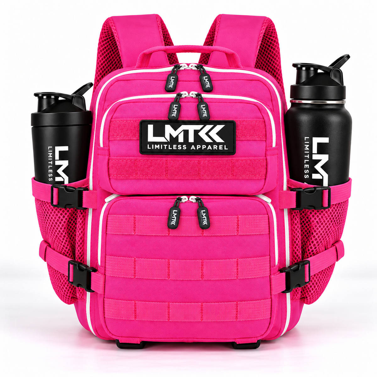 9L BACKPACK - HOT PINK front view with LMT shaker and drink bottle