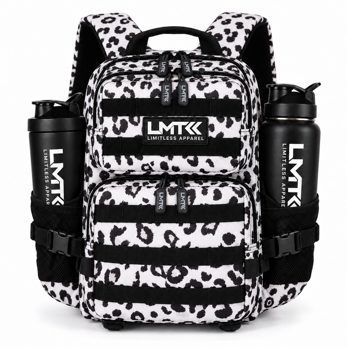 9L BACKPACK - LEOPARD front view with LMT shaker and drink bottle
