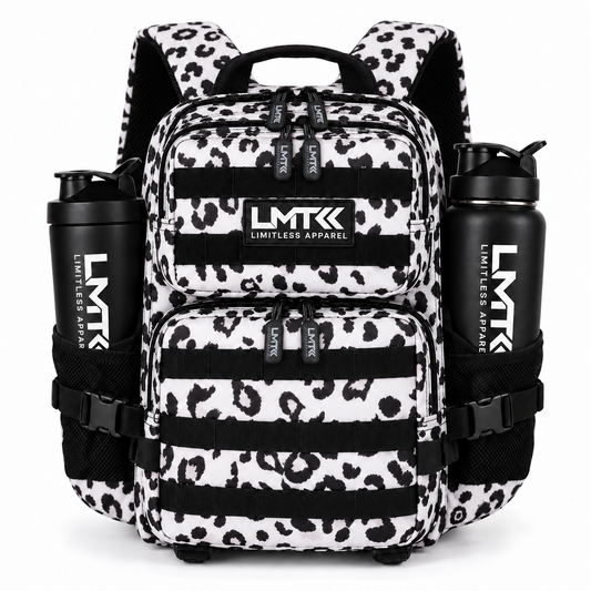 9L BACKPACK - LEOPARD front view with LMT shaker and drink bottle