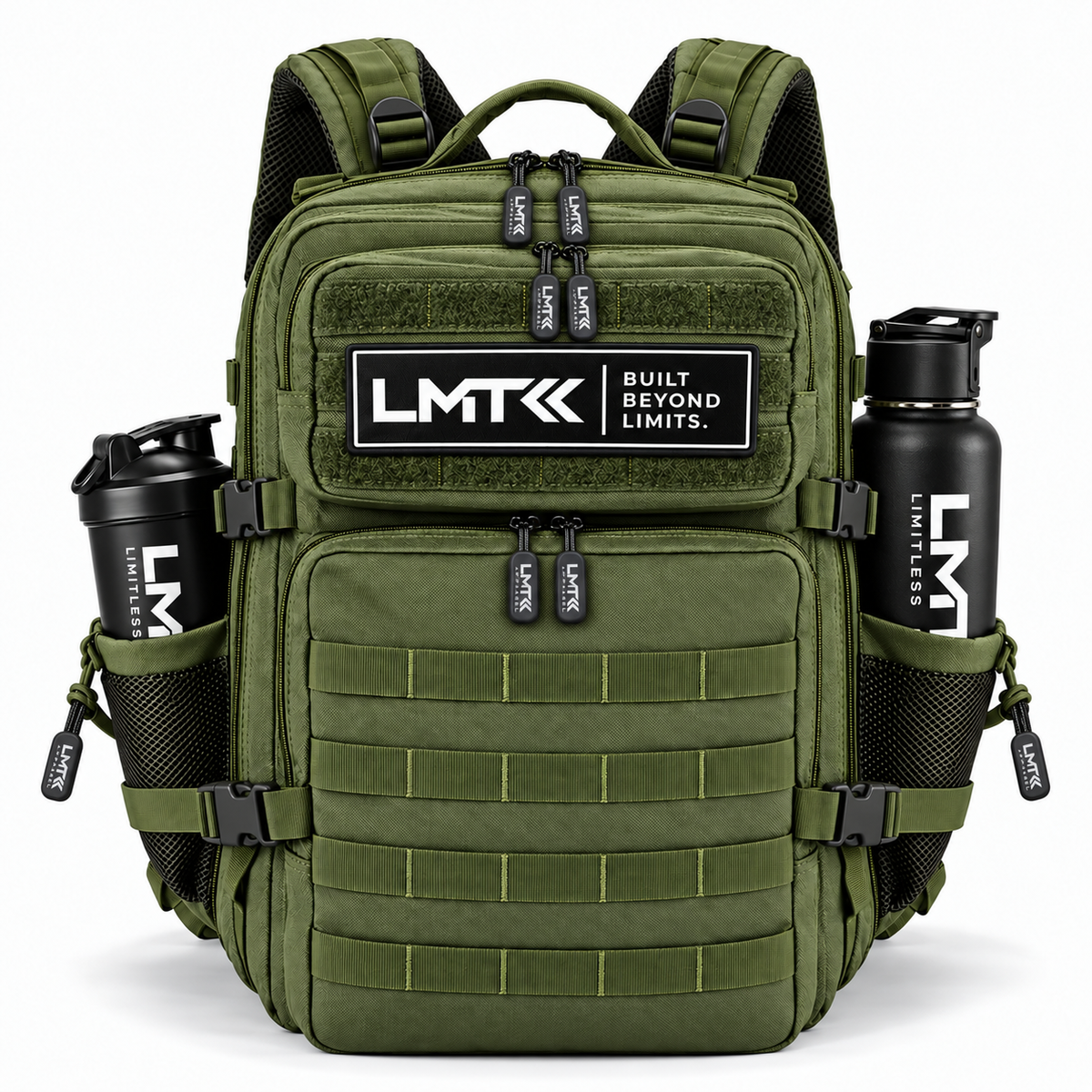45L BACKPACK - ARMY GREEN front view with LMT shaker and drink bottle