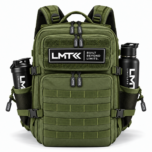45L BACKPACK - ARMY GREEN front view with LMT shaker and drink bottle