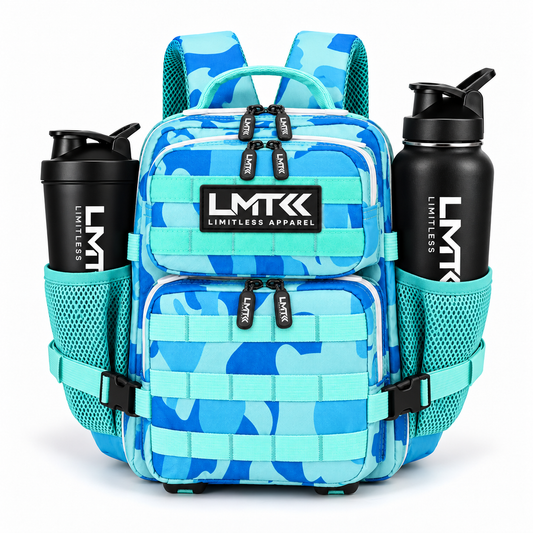 9L BACKPACK - BLUE CAMO front view with LMT shaker and drink bottle