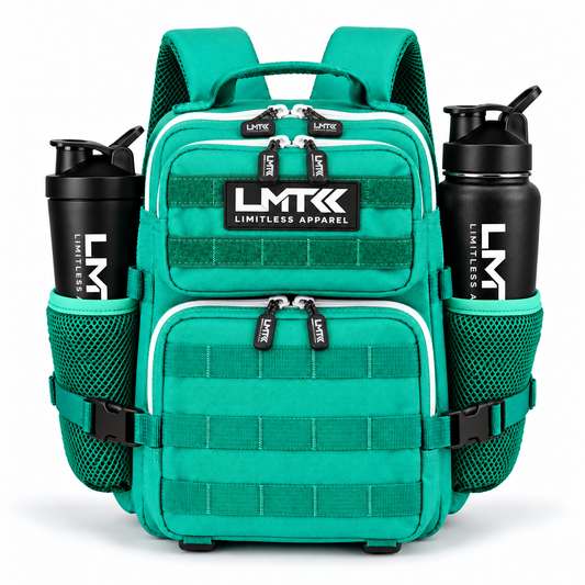 9L BACKPACK - TEAL front view with LMT shaker and drink bottle