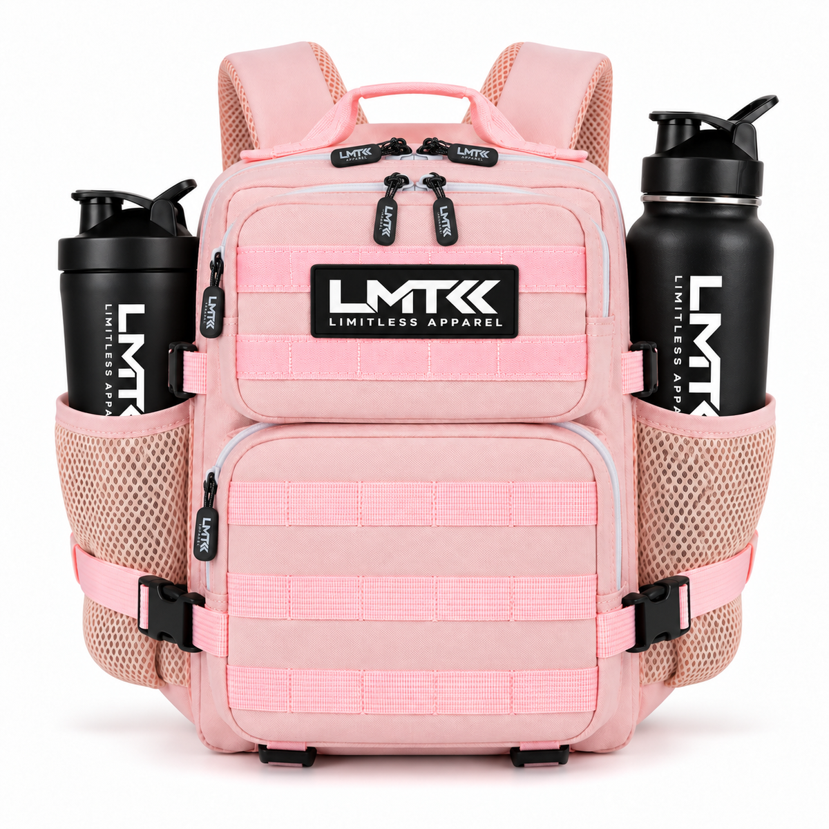 9L BACKPACK - LIGHT PINK front view with LMT shaker and drink bottle