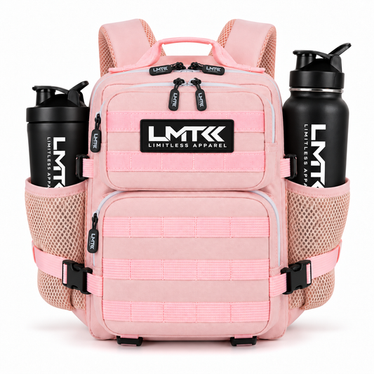 9L BACKPACK - LIGHT PINK front view with LMT shaker and drink bottle