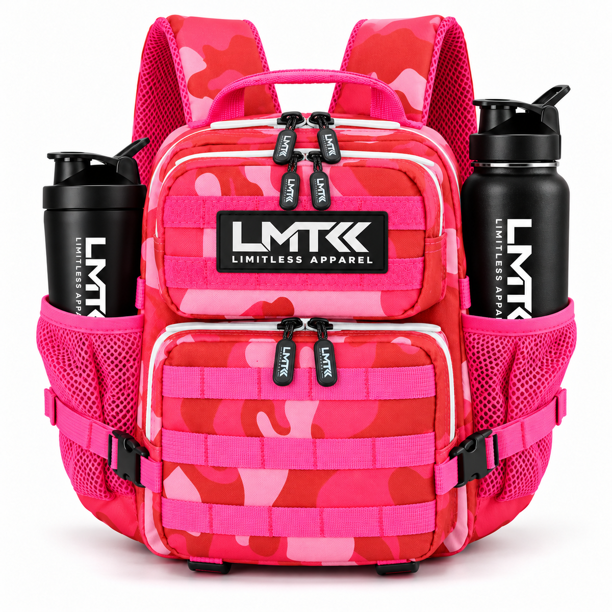 9L BACKPACK - RED CAMO front view with LMT shaker and drink bottle